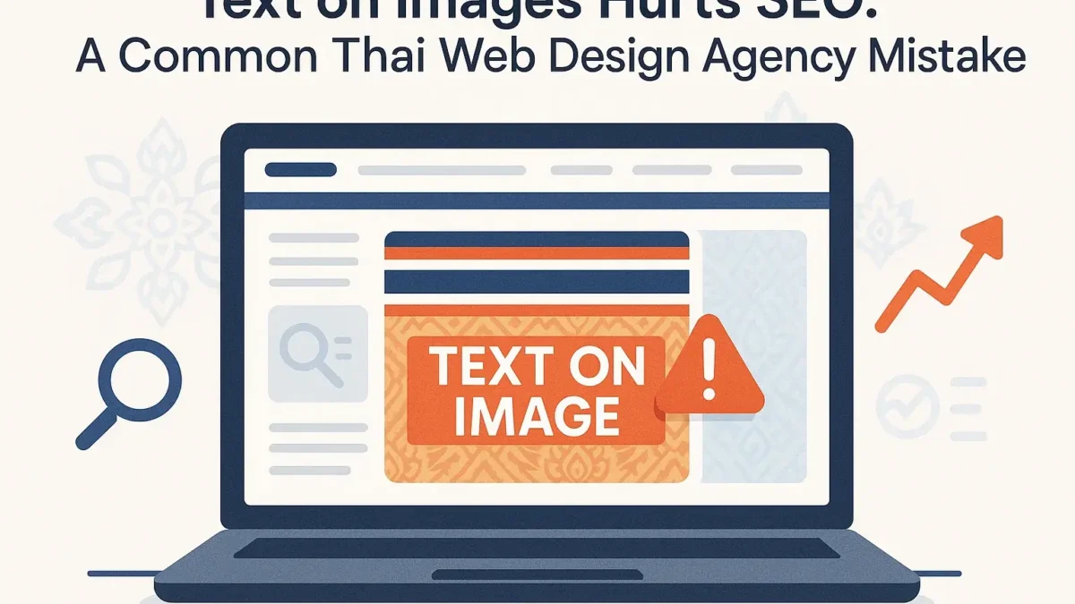 Cover image for article about how using text on images hurts SEO, targeting Thai web design agency clients and new business owners.