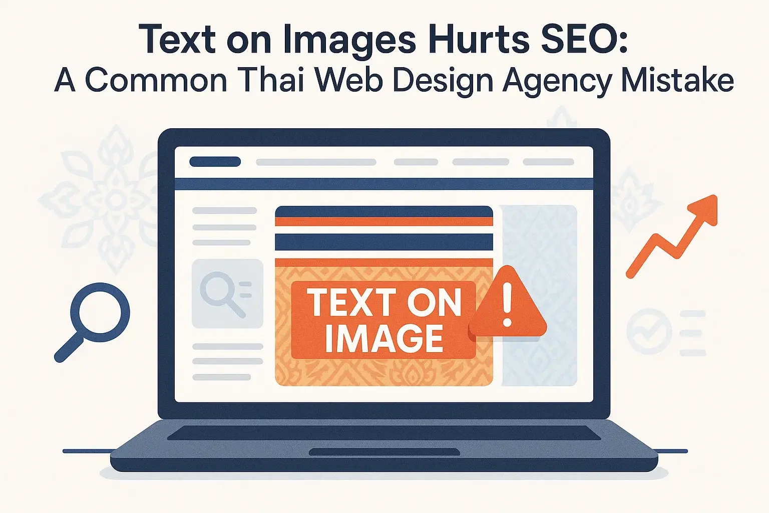Cover image for article about how using text on images hurts SEO, targeting Thai web design agency clients and new business owners.